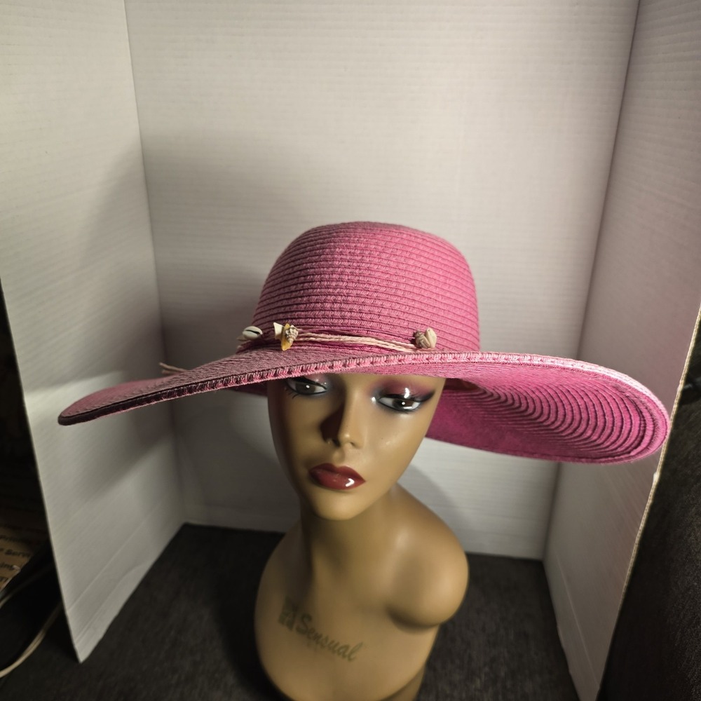 Jacobson Hat Company Pink Straw Sun Hat Wide Brim Seashell Beach Floppy Hat